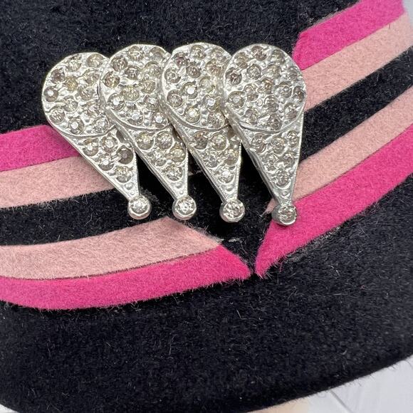 Vintage 1960s Fur Felt Pillbox Hat Pink Black Rhinestone Brooch Jackie O main image 5